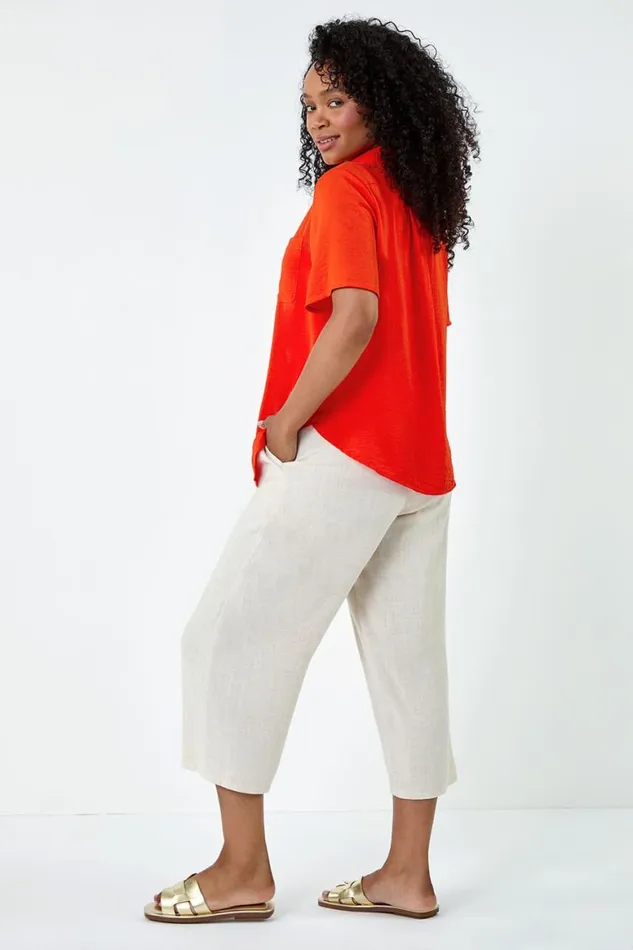 Women Orange Petite Button Up Pocket Shirt Roman Tops