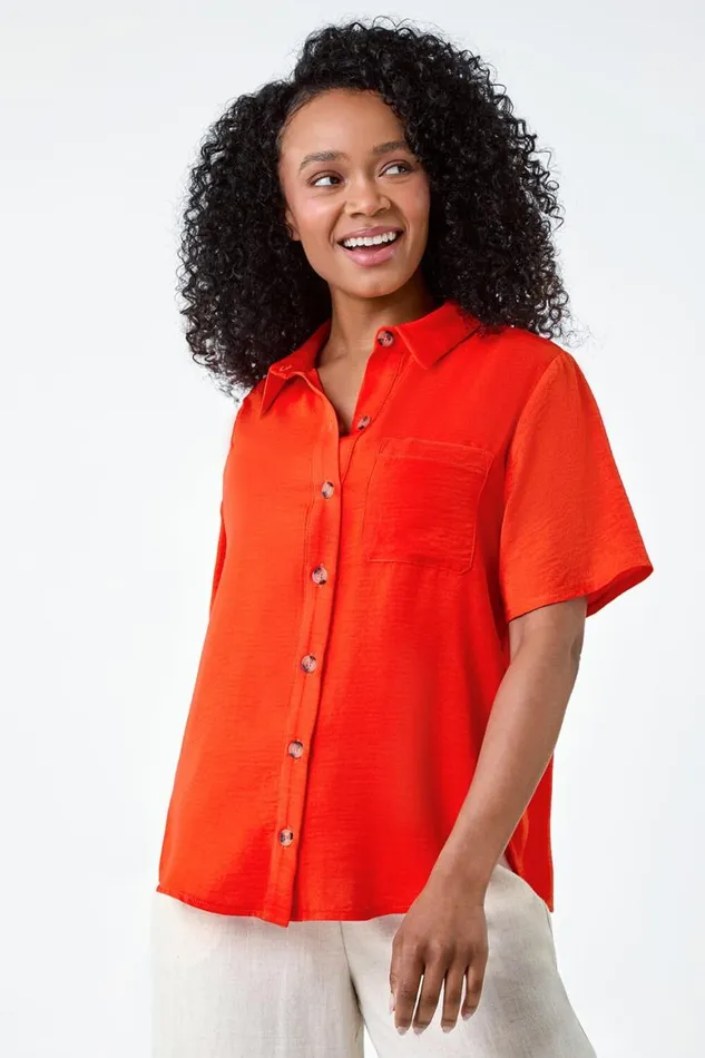 Women Orange Petite Button Up Pocket Shirt Roman Tops