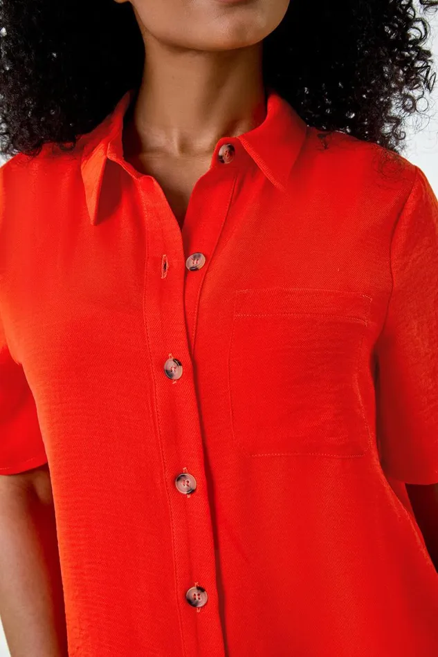 Women Orange Petite Button Up Pocket Shirt Roman Tops