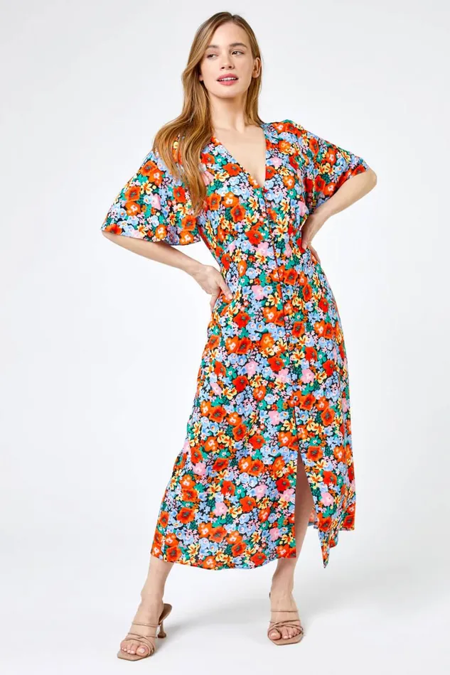 Women Orange Petite Floral Button Through Midi Dress Roman Dresses