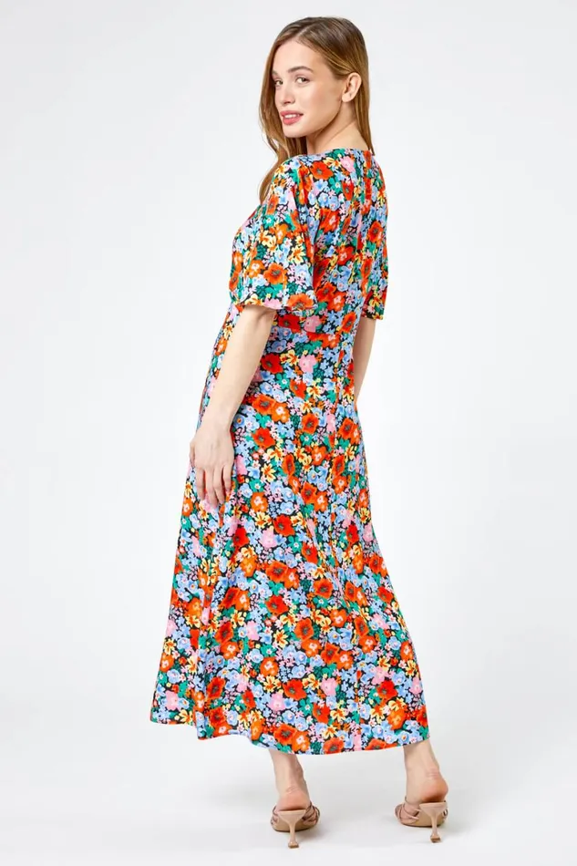 Women Orange Petite Floral Button Through Midi Dress Roman Dresses