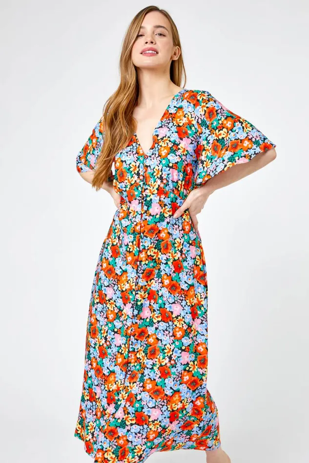 Women Orange Petite Floral Button Through Midi Dress Roman Dresses