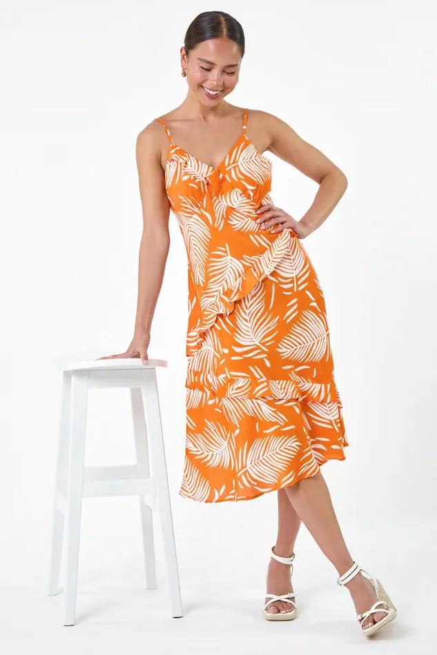 Women Orange Petite Leaf Print Frill Midi Dress Roman Dresses