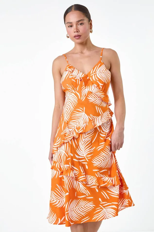 Women Orange Petite Leaf Print Frill Midi Dress Roman Dresses