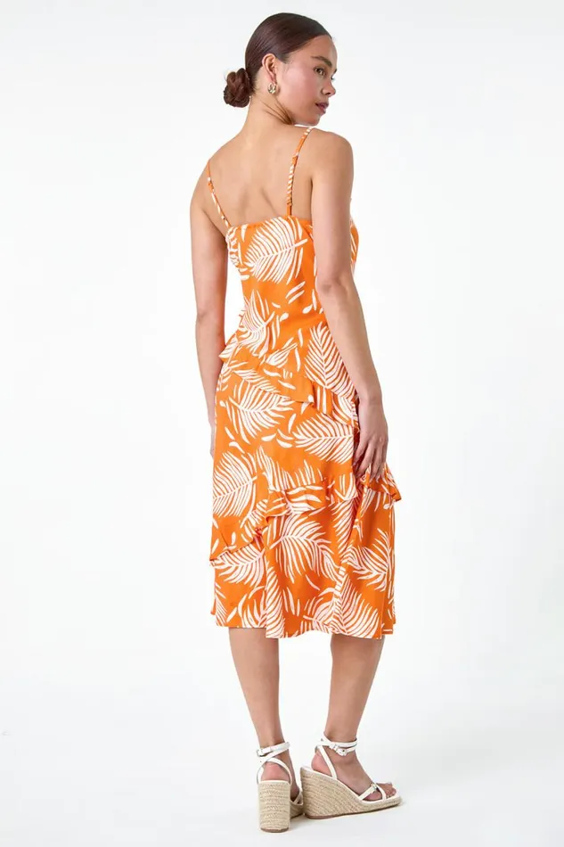 Women Orange Petite Leaf Print Frill Midi Dress Roman Dresses