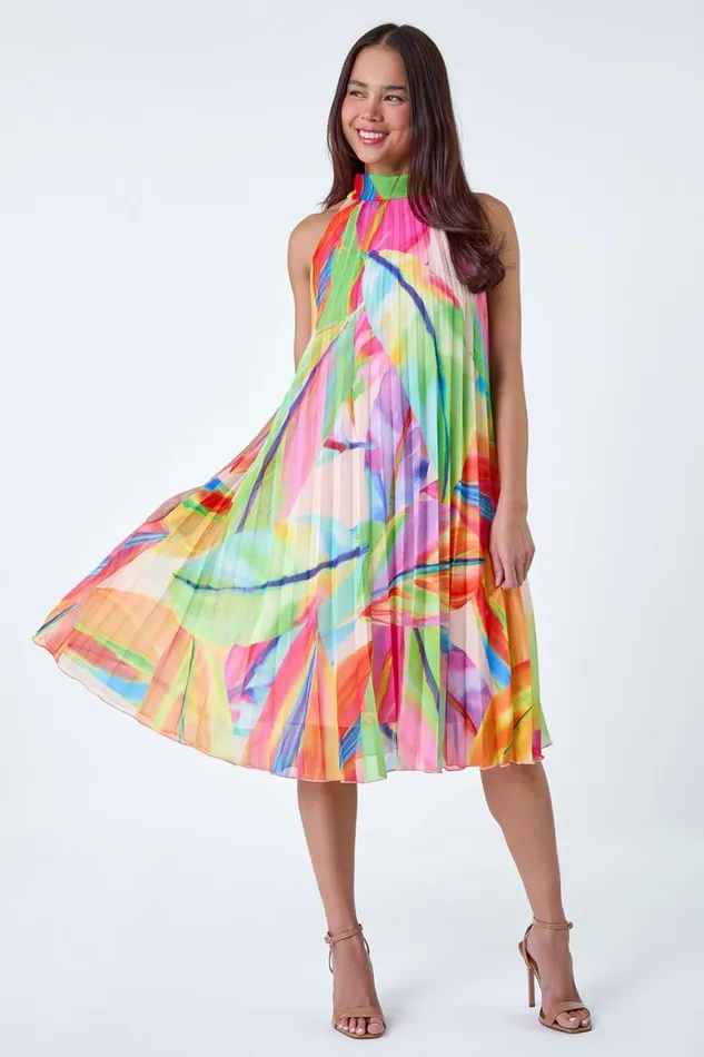 Women Orange Petite Tropical Halter Neck Pleated Dress Roman Dresses