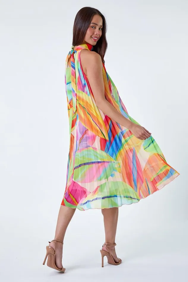 Women Orange Petite Tropical Halter Neck Pleated Dress Roman Dresses