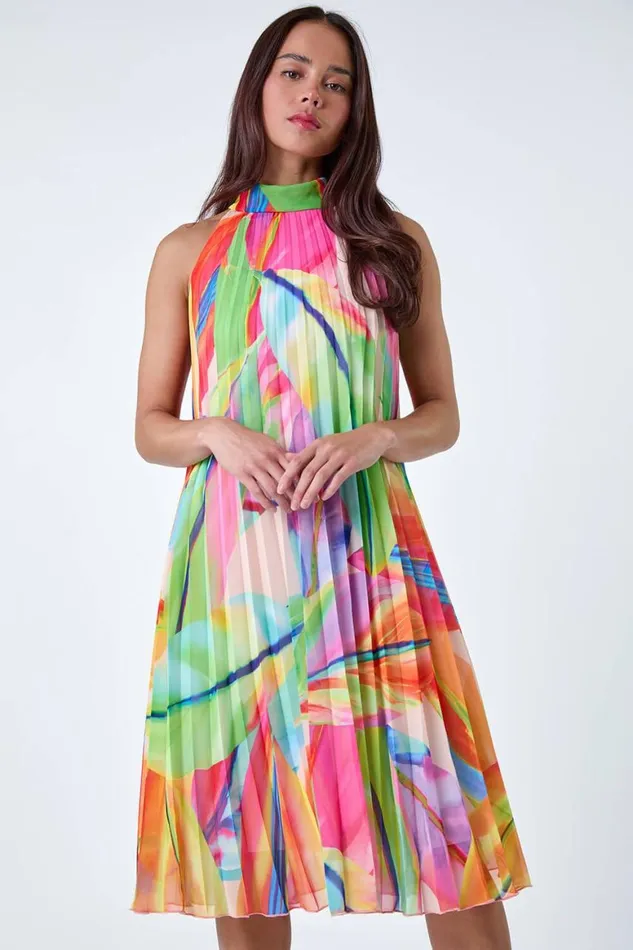 Women Orange Petite Tropical Halter Neck Pleated Dress Roman Dresses
