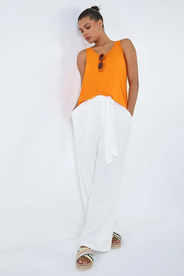 Women Orange Plain VNeck Stretch Jersey Vest Top Roman Tops