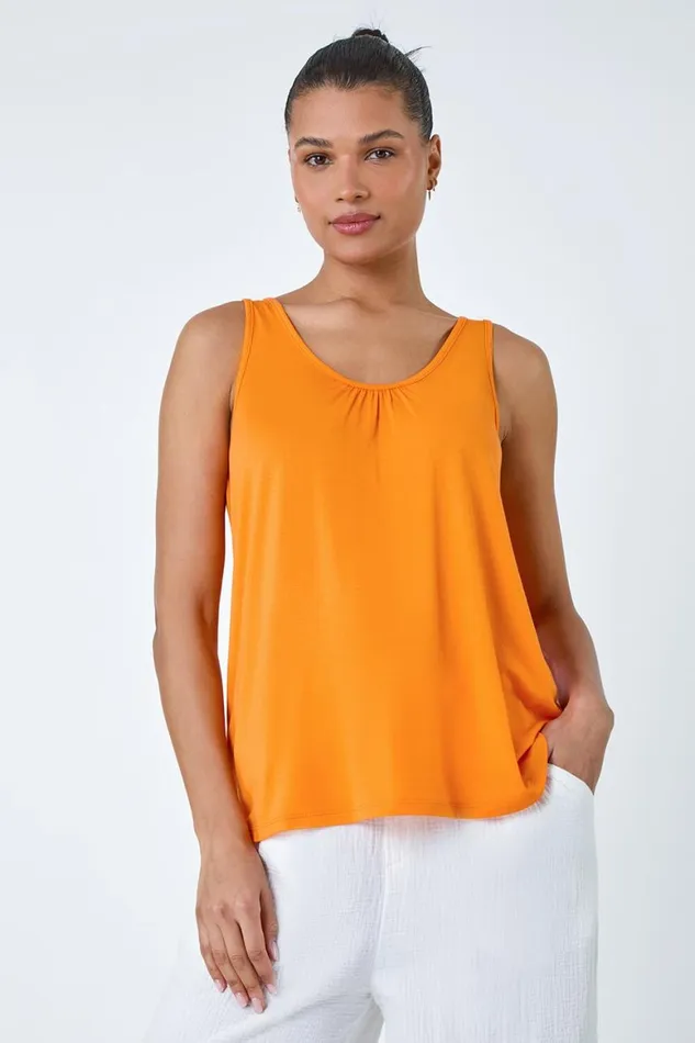 Women Orange Plain VNeck Stretch Jersey Vest Top Roman Tops