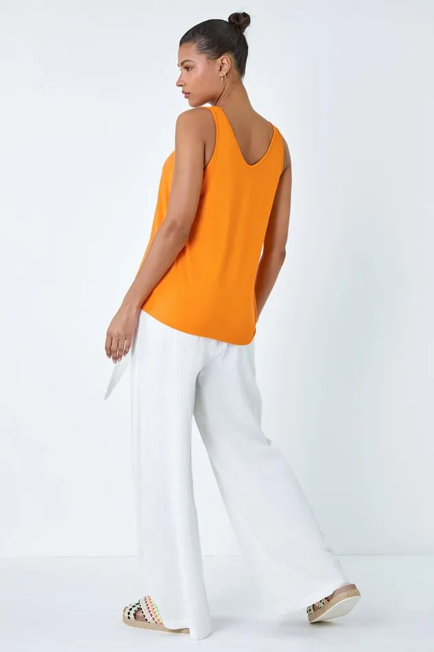 Women Orange Plain VNeck Stretch Jersey Vest Top Roman Tops