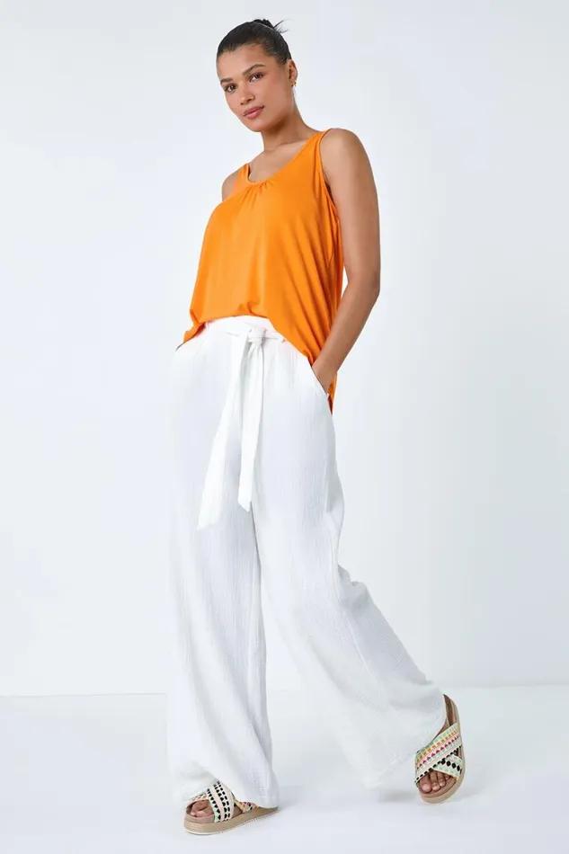 Women Orange Plain VNeck Stretch Jersey Vest Top Roman Tops