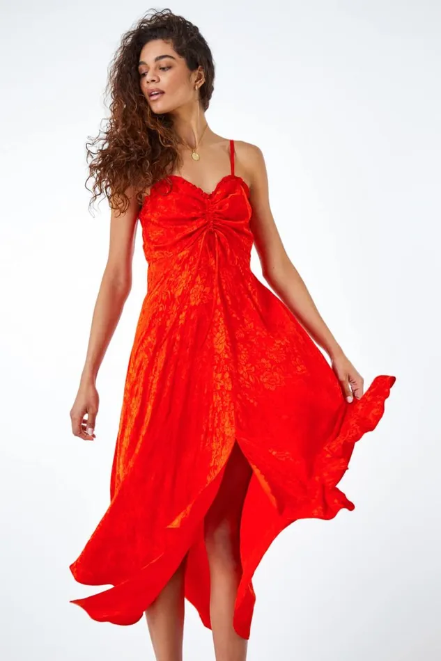 Women Orange Satin Ruffle Detail Jacquard Midi Dress Roman Dresses
