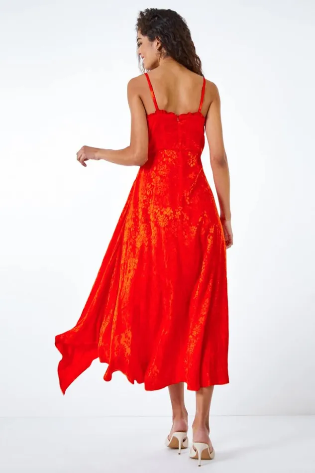 Women Orange Satin Ruffle Detail Jacquard Midi Dress Roman Dresses