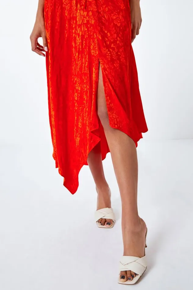 Women Orange Satin Ruffle Detail Jacquard Midi Dress Roman Dresses