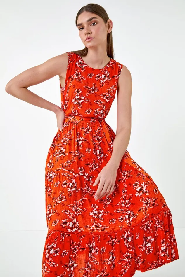 Women Orange Sleeveless Floral Print Midi Dress Roman Dresses