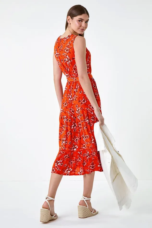 Women Orange Sleeveless Floral Print Midi Dress Roman Dresses