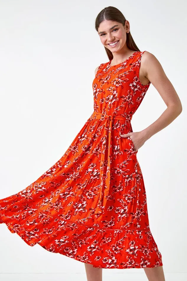 Women Orange Sleeveless Floral Print Midi Dress Roman Dresses