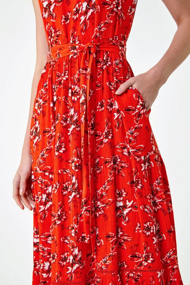 Women Orange Sleeveless Floral Print Midi Dress Roman Dresses
