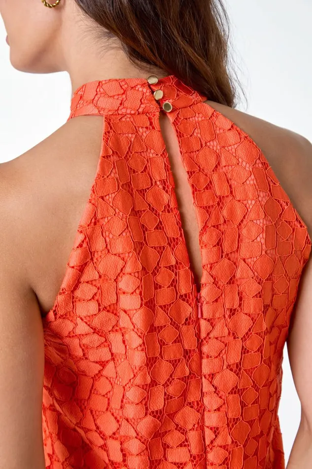 Women Orange Stretch Lace Halter Neck Dress Roman Dresses