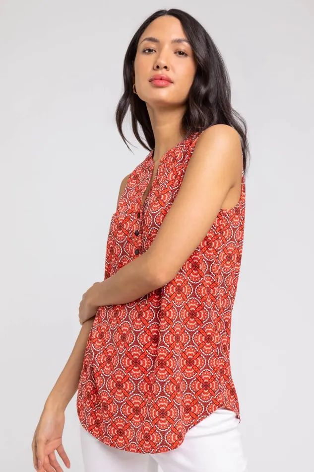 Women Orange Textured Geo Print Notch Neck Top Roman Tops