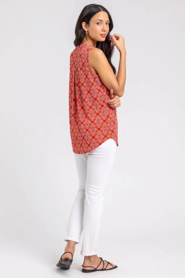 Women Orange Textured Geo Print Notch Neck Top Roman Tops