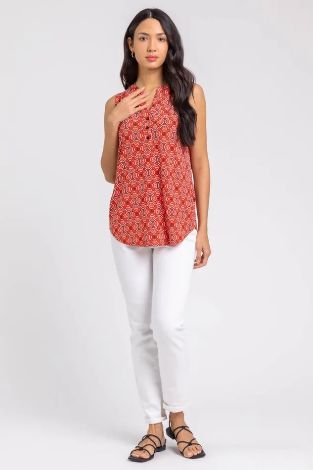 Women Orange Textured Geo Print Notch Neck Top Roman Tops