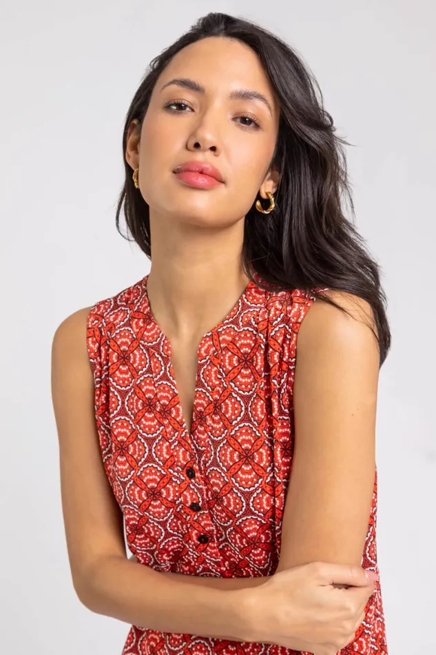 Women Orange Textured Geo Print Notch Neck Top Roman Tops