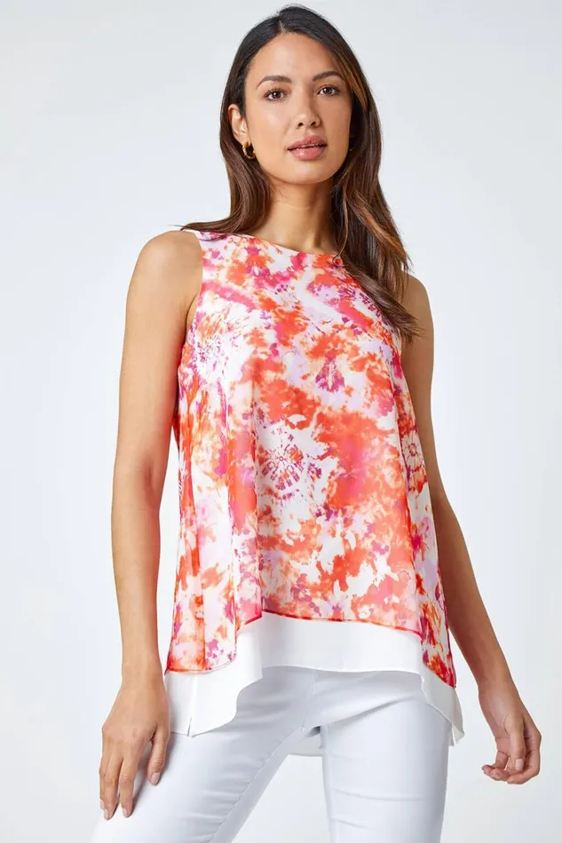 Women Orange Tie Dye Sleeveless Overlay Top Roman Tops