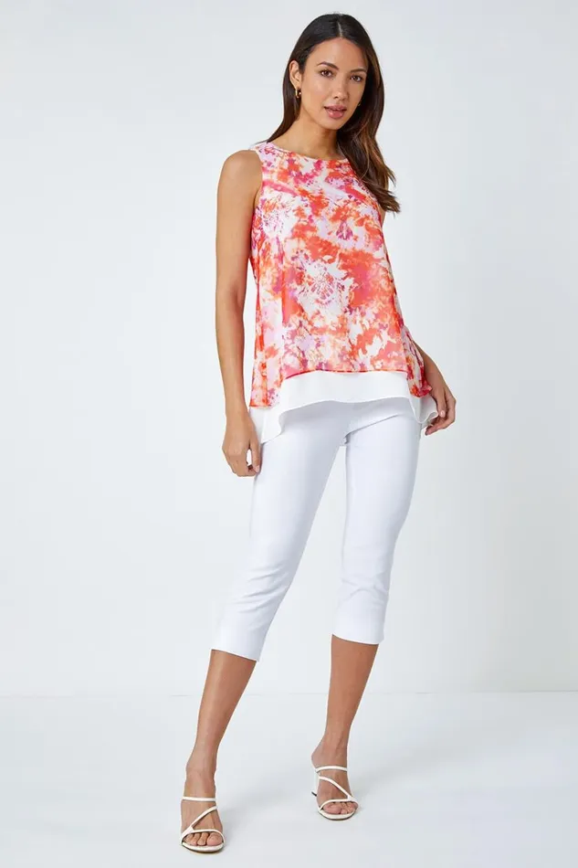 Women Orange Tie Dye Sleeveless Overlay Top Roman Tops
