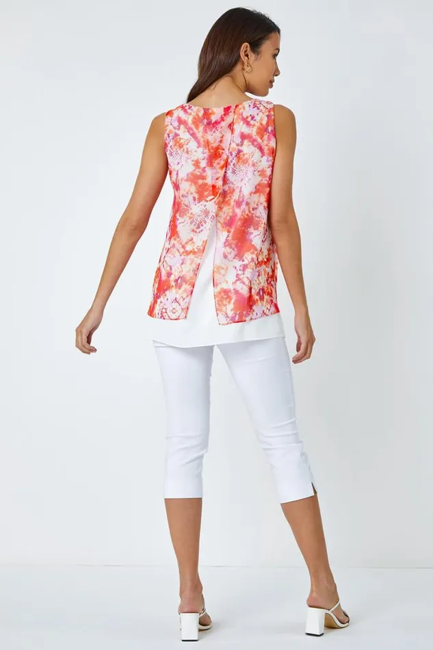 Women Orange Tie Dye Sleeveless Overlay Top Roman Tops