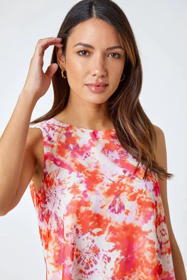 Women Orange Tie Dye Sleeveless Overlay Top Roman Tops