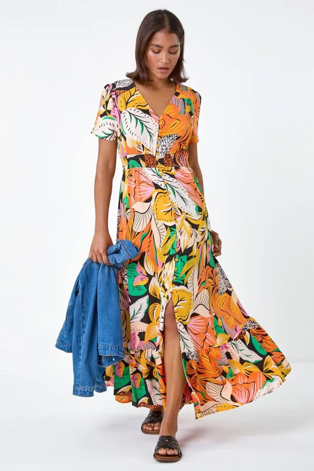 Women Orange Tropical Print Frilled Hem Maxi Dress Roman Dresses