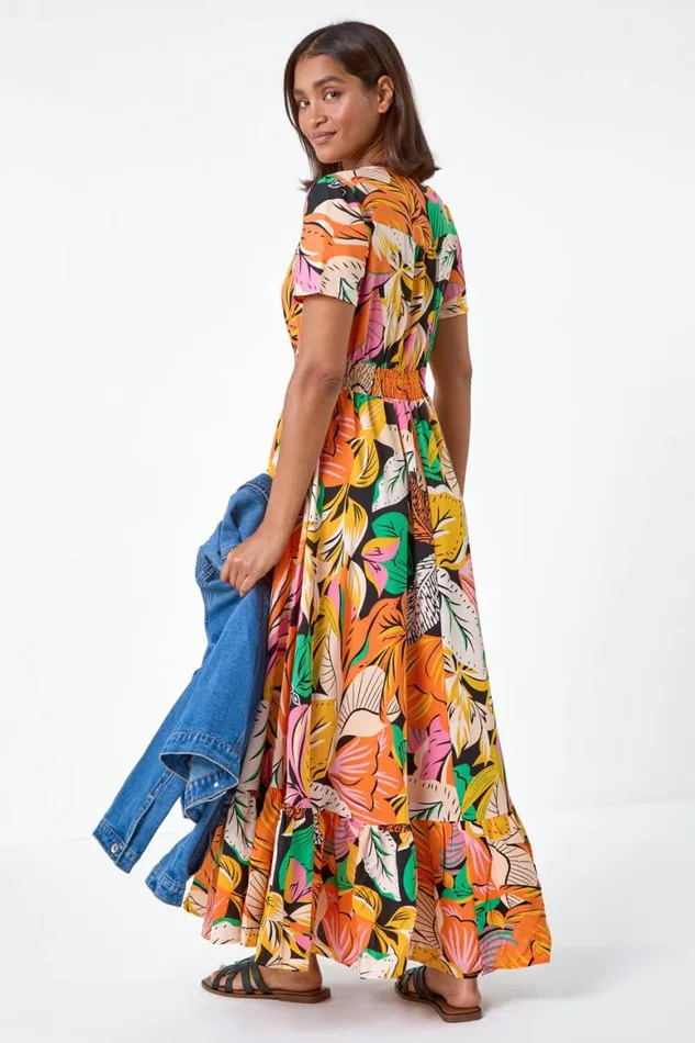 Women Orange Tropical Print Frilled Hem Maxi Dress Roman Dresses