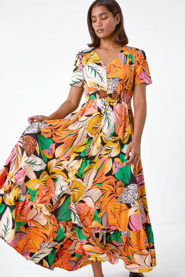 Women Orange Tropical Print Frilled Hem Maxi Dress Roman Dresses