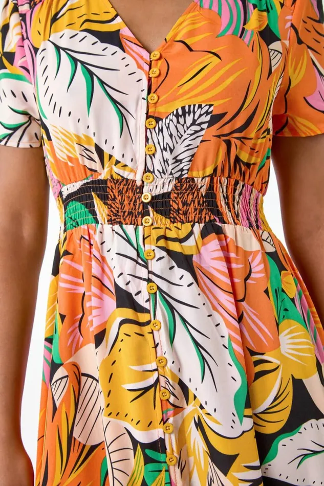 Women Orange Tropical Print Frilled Hem Maxi Dress Roman Dresses