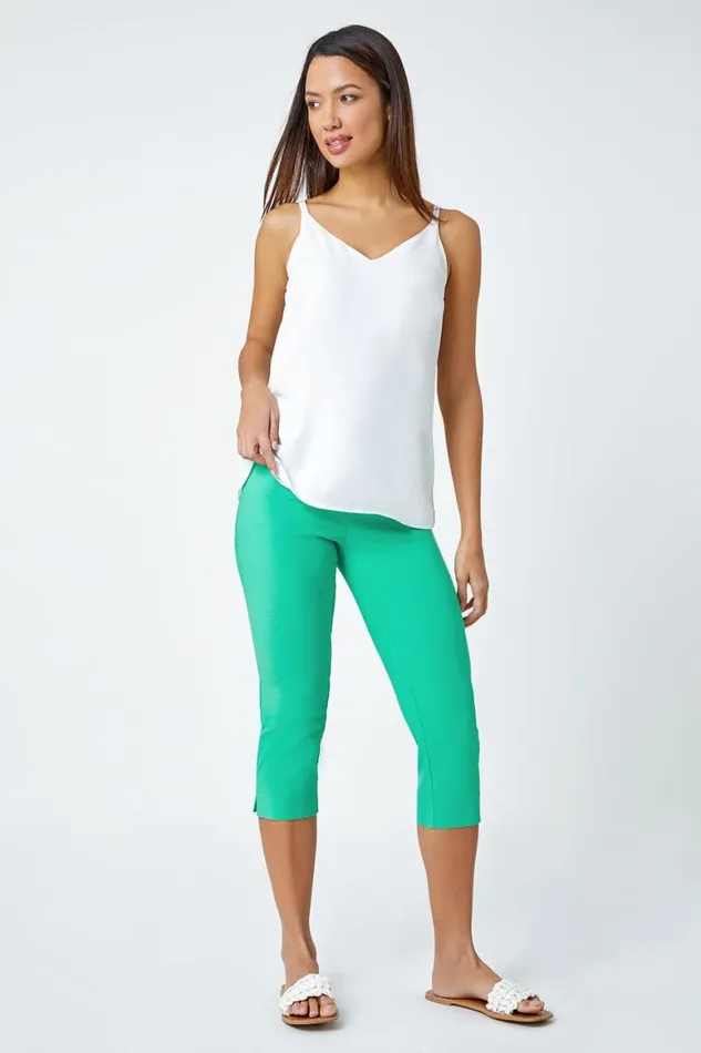 Women Pale Green Elastic Waist Stretch Cropped Trousers Roman Coords