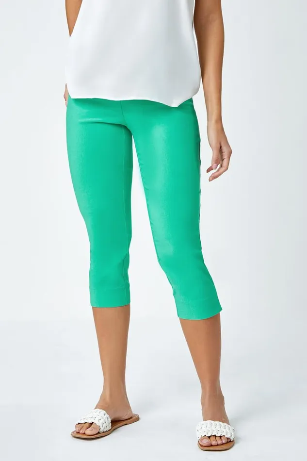 Women Pale Green Elastic Waist Stretch Cropped Trousers Roman Coords