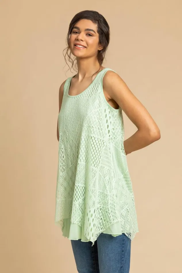 Women Pale Green Stretch Lace Hanky Hem Vest Top Roman Tops