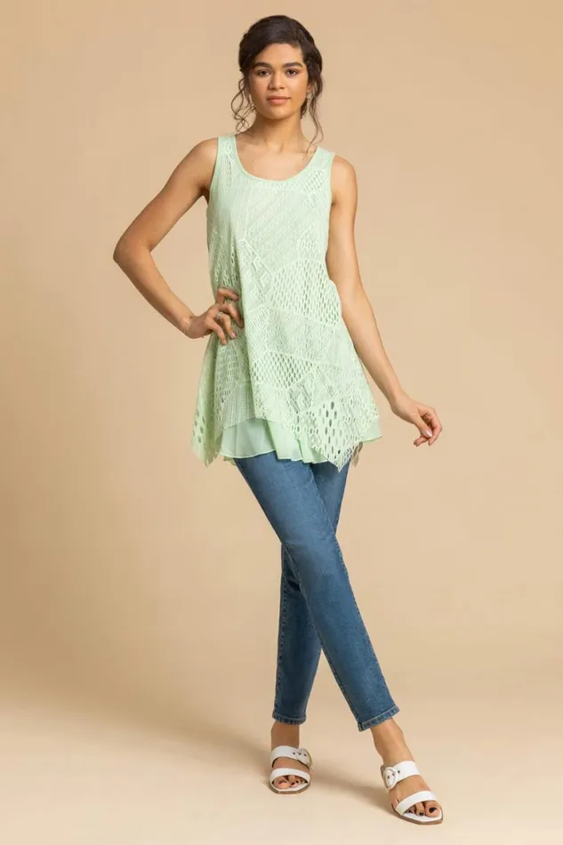 Women Pale Green Stretch Lace Hanky Hem Vest Top Roman Tops
