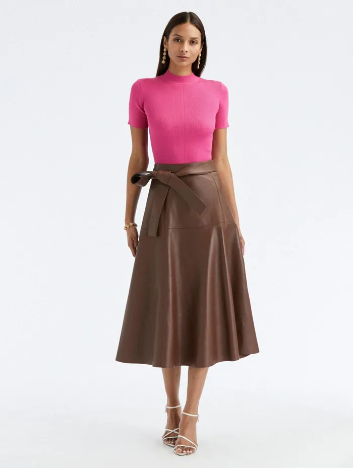 Women Pants and Skirts Oscar De La Renta Tie Detail Leather Midi Skirt Mocha