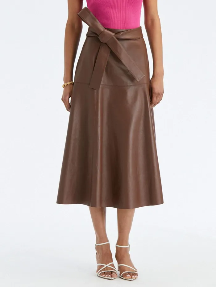 Women Pants and Skirts Oscar De La Renta Tie Detail Leather Midi Skirt Mocha Women Pants and Skirts Oscar De La Renta Tie Detail Leather Midi Skirt Mocha