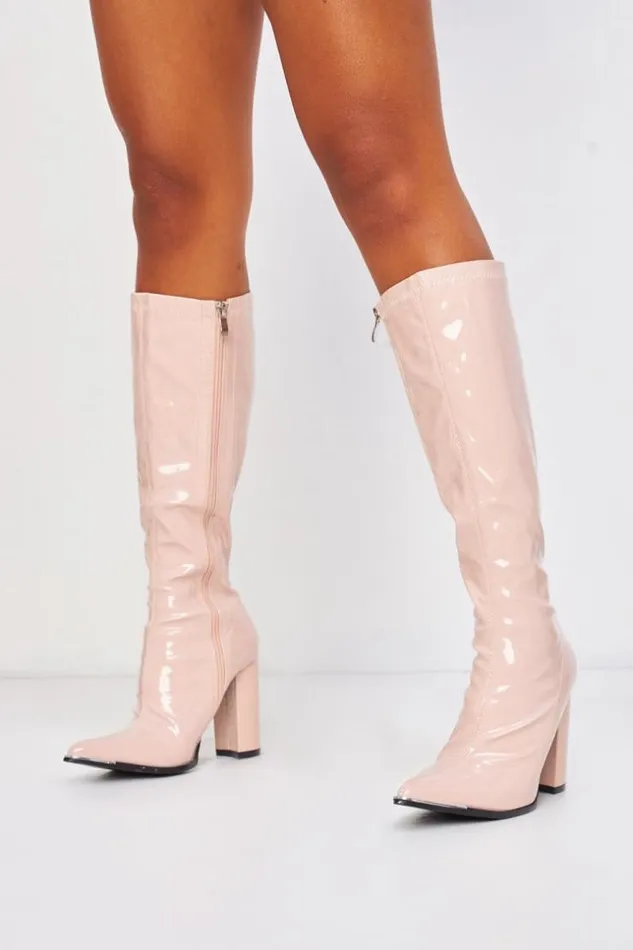 Women Patent Block Heeled Knee Boots In Beige Beige Brentiny Paris Ankle Boots 8211 Boots