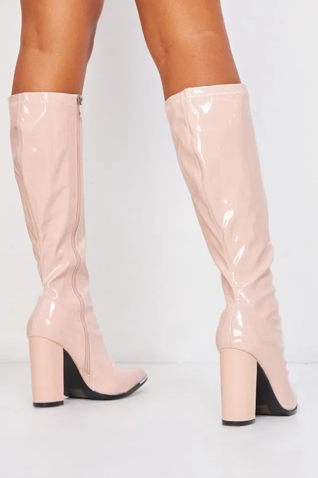 Women Patent Block Heeled Knee Boots In Beige Beige Brentiny Paris Ankle Boots 8211 Boots