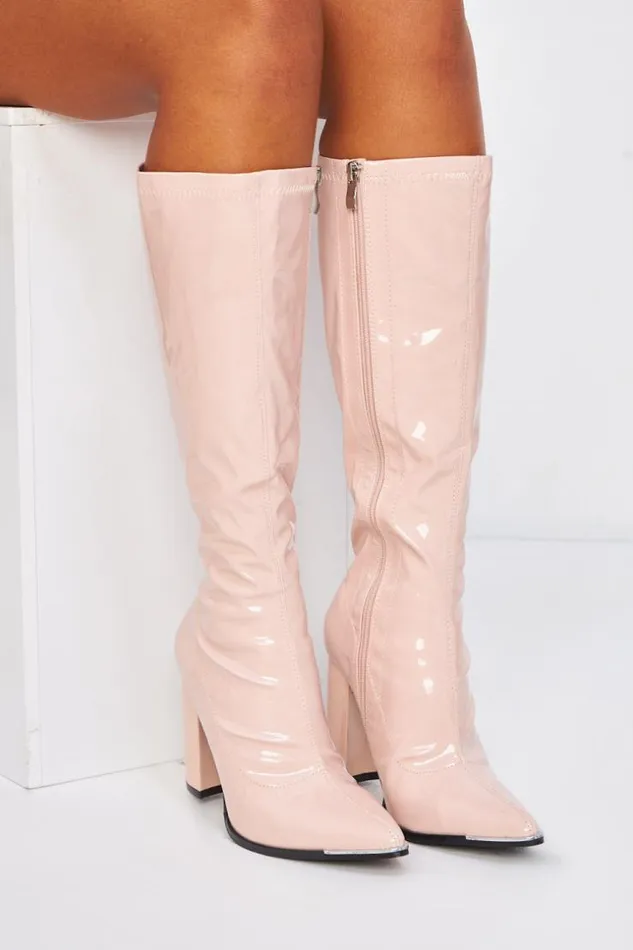 Women Patent Block Heeled Knee Boots In Beige Beige Brentiny Paris Ankle Boots 8211 Boots