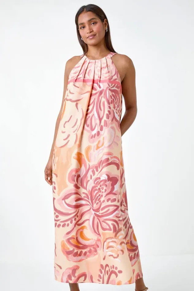 Women Peach Abstract Print Pocket Trapeze Dress Roman Dresses