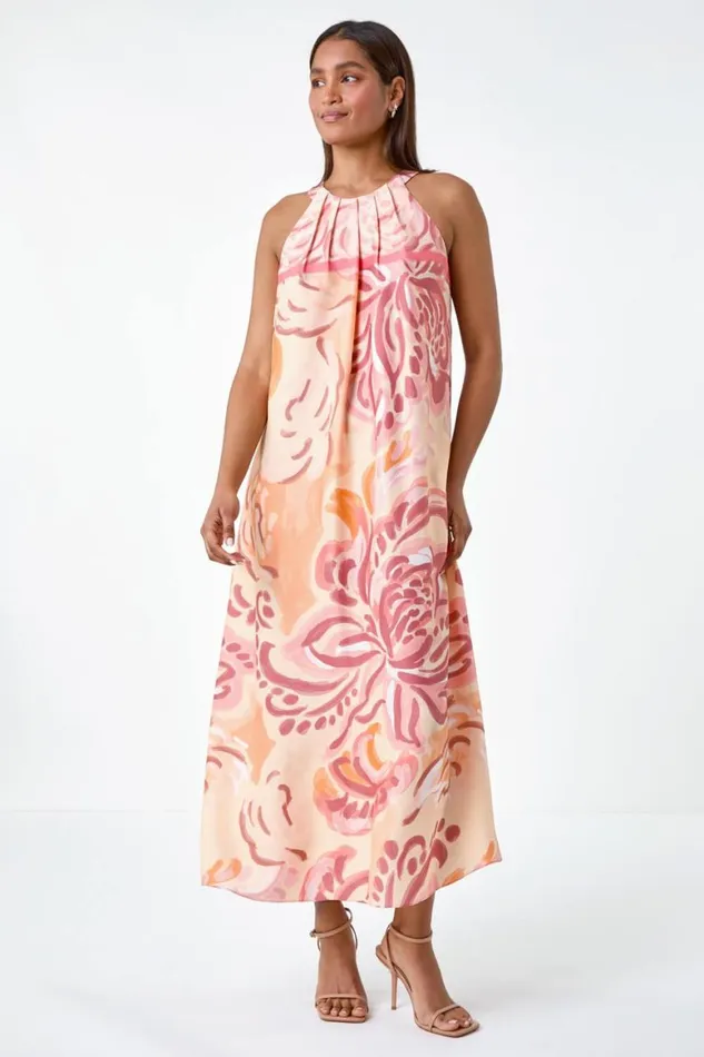 Women Peach Abstract Print Pocket Trapeze Dress Roman Dresses