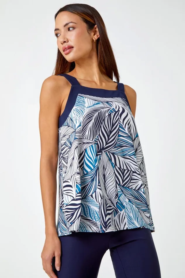Women Petrol Blue Metallic Leaf Print Cami Top Roman Tops