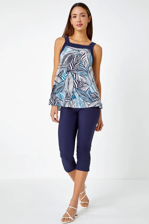Women Petrol Blue Metallic Leaf Print Cami Top Roman Tops