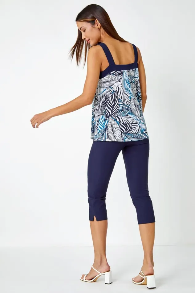 Women Petrol Blue Metallic Leaf Print Cami Top Roman Tops